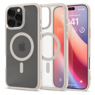 Itin tvirtas pusiau skaidrus dėklas su kreminės spalvos detalėmis "Spigen Ultra Hybrid Mag Magsafe" telefonui Apple iPhone 16 Pro Max