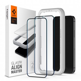 Apsauginis stiklas Spigen "Alm Glass FC 2-pack'' (2 vnt.) su montavymo rėmeliu telefonui Apple iPhone 12 / 12 PRO