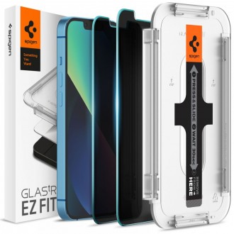 Privatumą suteikiantis apsauginis grūdintas stiklas su montavimo rėmeliu "Spigen Glass.Tr EZ FIT Privacy" (2 vnt) telefonui Apple iPhone 13 / 13 PRO / 14