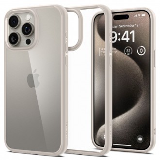 Itin tvirtas skaidrus dėklas kreminės spalvos kraštais "Spigen Ultra Hybrid" telefonui iPhone 15 Pro Max