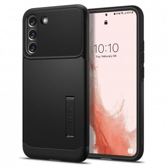 Juodas dviejų tekstūrų dėklas su stovu "Spigen Slim Armor" telefonui Galaxy S22 