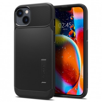 Juodas dviejų tekstūrų dėklas su stovu "Spigen Slim Armor" telefonui iPhone 14