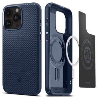 Mėlynas originalios matinės tekstūros dėklas "Spigen Mag Armor Magsafe" telefonui iPhone 15 Pro