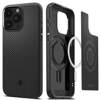 Juodas originalios matinės tekstūros dėklas "Spigen Mag Armor Magsafe" telefonui iPhone 15 Pro