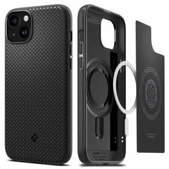 Juodas originalios matinės tekstūros dėklas "Spigen Mag Armor Magsafe" telefonui iPhone 15