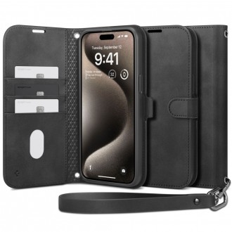 Juodos spalvos atverčiamas dėklas/piniginė "Spigen Wallet S" telefonui iPhone 15 Pro Max