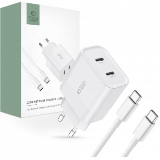 Baltas pakrovėjas-įkroviklis buitinis "Tech-Protect C20W 2-Port Network Charger PD20W + Type-C Cable"