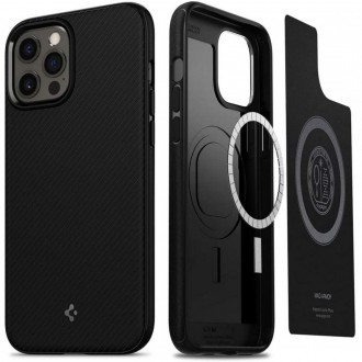 Juodas originalios matinės tekstūros dėklas "Spigen Mag Armor Magsafe" telefonui iPhone 12/12 Pro