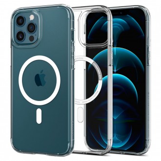 Itin tvirtas skaidrus dėklas su baltomis detalėmis "Spigen Ultra Hybrid Mag Magsafe" telefonui iPhone 12/12 Pro
