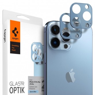 SIERRA BLUE spalvos apsauginis grūdintas stiklas (2vnt.) iPhone 13 Pro Max telefono kamerai apsaugoti "Spigen Optik.TR Camera Protector"