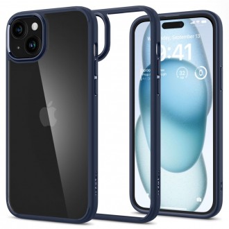 Itin tvirtas skaidrus dėklas mėlynos spalvos kraštais "Spigen Ultra Hybrid" telefonui iPhone 15