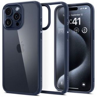 Itin tvirtas skaidrus dėklas mėlynos spalvos kraštais "Spigen Ultra Hybrid" telefonui iPhone 15 Pro Max