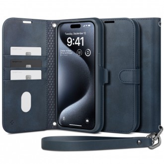 Tamsiai mėlynos spalvos išskirtinio dizaino dėklas/piniginė "Spigen Wallet S Plus" telefonui iPhone 15 Pro Max