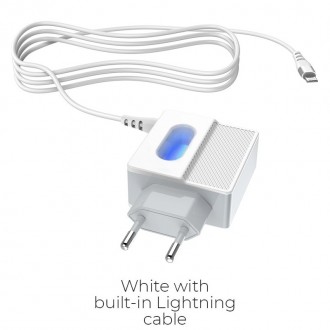 Baltas buitinis įkroviklis Hoco C75 su 2 USB jungtimis + Lightning (2.4A)