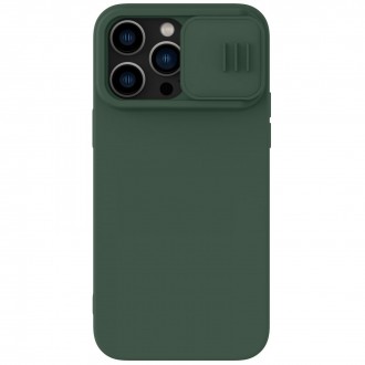 Tamsiai žalias dėklas su kameros apsauga "Nillkin CamShield Silky Magnetic Silicone" telefonui iPhone 14 Pro Max