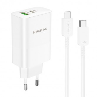 Pakrovėjas - Įkroviklis Borofone BN10 Type-C 65W / USB-A 22.5W + Type-C baltas