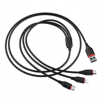 Juodas USB kabelis Borofone BX17 3in1 microUSB-Lightning-Type-C