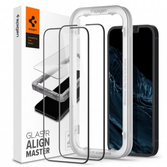Apsauginis stiklas juodais krašteliais "SPIGEN ALM GLASS FC” (2-vnt) su montavymo rėmeliu telefonui iPhone 13 / 13 Pro / 14