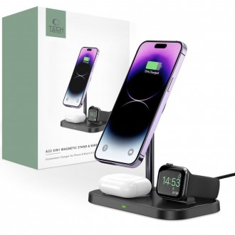 Juodas bevielio pakrovimo stovas "Tech-Protect Wireless QI15W-A22 3IN1" 