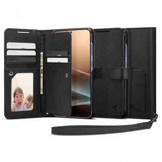Juodas išskirtinio dizaino dėklas/piniginė "Spigen Wallet S" telefonui Samsung Galaxy S25 Plus