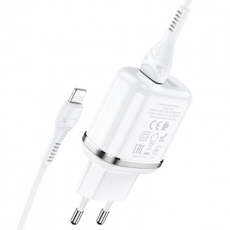Pakrovėjas-įkroviklis buitinis Hoco N4 su dviem USB jungtimis + Lightning (2.4A) baltas