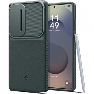 Žalias tekstūrinis dėklas su kameros apsauga "Spigen Optik Armor" telefonui Samsung Galaxy S25 Ultra