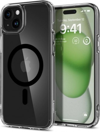 Itin tvirtas skaidrus dėklas su juodomis detalėmis "Spigen Ultra Hybrid Mag Magsafe" telefonui iPhone 15