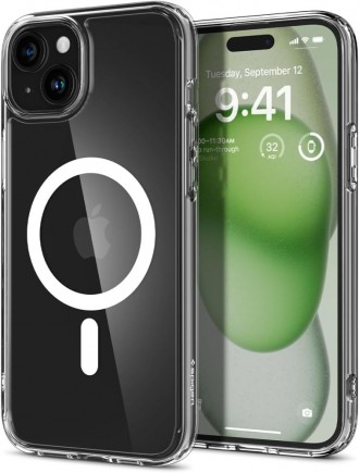 Itin tvirtas skaidrus dėklas su baltomis detalėmis "Spigen Ultra Hybrid Mag Magsafe" telefonui iPhone 15
