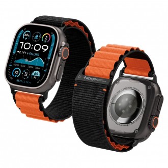 Juoda/oranžinė tekstilinė apyrankė "Spigen WBF1 Band" laikrodžiui Apple Watch  6 / 7 / 8 / 9 / 10 / SE / Ultra 1 / 2 (44 / 45 / 46 / 49 MM)