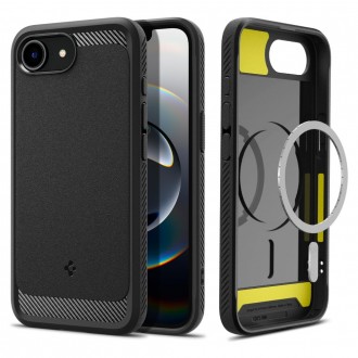 Juodas tekstūrinis dėklas "Spigen Rugged Armor Mag Magsafe" telefonui Apple iPhone 16E 