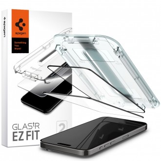 Apsauginis stiklas juodais krašteliais "Spigen Glas.Tr ”EZ FIT” (2-vnt) su montavymo rėmeliu telefonui iPhone 15 Pro