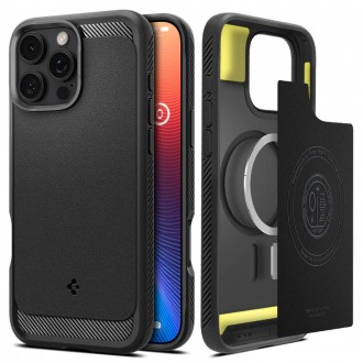 Juodas tekstūrinis dėklas "Spigen Rugged Armor Mag Magsafe" telefonui Apple iPhone 16 Pro 
