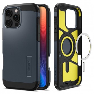 Mėlynos spalvos dviejų sluoksniu dėklas/stovas "Spigen Tough Armor Mag Magsafe" telefonui Apple iPhone 16 Pro