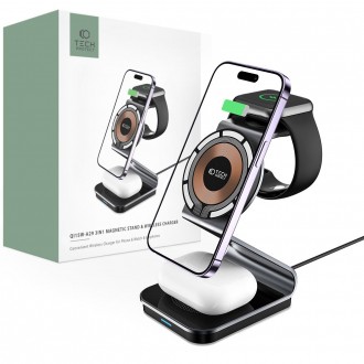 Juodas bevielio pakrovimo stovas "Tech-Protect Wireless QI15W-A29 3IN1" 
