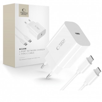 Baltas pakrovėjas-įkroviklis "Tech-Protect NC20W 1-Port network charger PD20W + Type C cable"