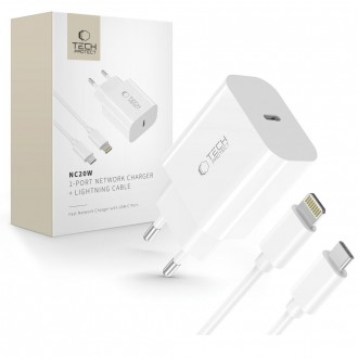 Baltas pakrovėjas-įkroviklis "Tech-Protect NC20W 1-Port network charger PD20W + Lightning cable"