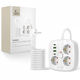 Baltas kelių prievadų maitinimo adapteris "Tech-Protect PCS3X4" – 2 USB & 2 TYPE-C & 3 elektros lizdai 200CM