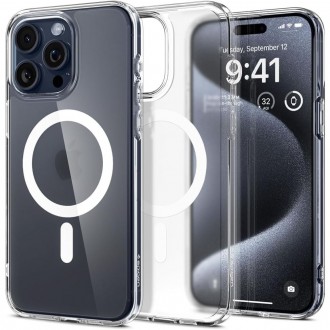 Itin tvirtas, pusiau skaidrus dėklas su baltomis detalėmis "Spigen Ultra Hybrid Mag Magsafe" telefonui iPhone 15 Pro Max
