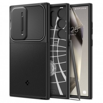 Juodas tekstūrinis dėklas su kameros apsauga "Spigen Optik Armor" telefonui Samsung Galaxy S24 Ultra