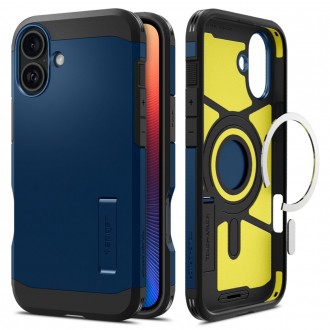 Mėlynos spalvos dviejų sluoksniu dėklas/stovas "Spigen Tough Armor Mag Magsafe" telefonui Apple iPhone 16 