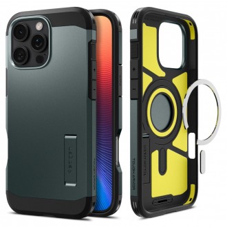Žalios spalvos dviejų sluoksniu dėklas/stovas "Spigen Tough Armor Mag Magsafe" telefonui Apple iPhone 16 Pro
