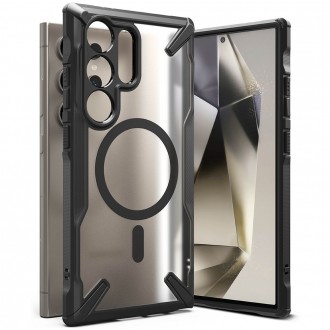 Pusiau skaidrus juodais tvirtais kraštais dėklas "Ringke Fusion X Magnetic Magsafe" telefonui Samsung Galaxy S24 Ultra