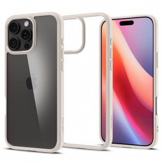 Itin tvirtas skaidrus dėklas kreminės spalvos kraštais "Spigen Ultra Hybrid" telefonui Apple iPhone 16 Pro