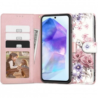 Gėlėtas atverčiamas dėklas "Tech-Protect Wallet Garden Violet" telefonui Galaxy A55 5G