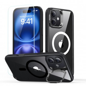 Skaidrus dėklas/stovas juodais kraštais+stikliukas "Esr Classic Hybrid Kickstand Halolock Magsafe & Tempered Glass" telefonui Apple iPhone 16