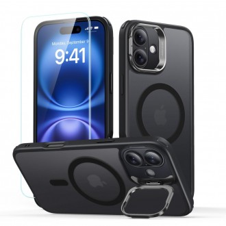 Pusiau skaidrus juodas dėklas/stovas+stikliukas "Esr Classic Hybrid Kickstand Halolock Magsafe & Tempered Glass" telefonui Apple iPhone 16