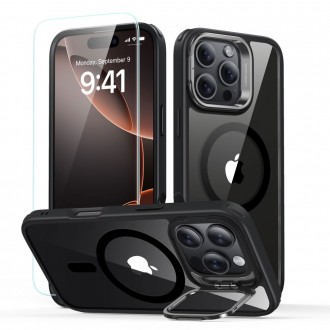Skaidrus dėklas/stovas juodais kraštais+stikliukas "Esr Classic Hybrid Kickstand Halolock Magsafe & Tempered Glass" telefonui Apple iPhone 16 Pro
