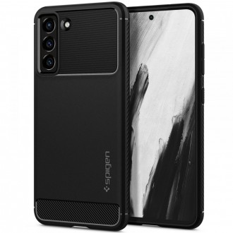 Juodas tekstūrinis dėklas Spigen "Rugged Armor" telefonui Samsung Galaxy S21 FE