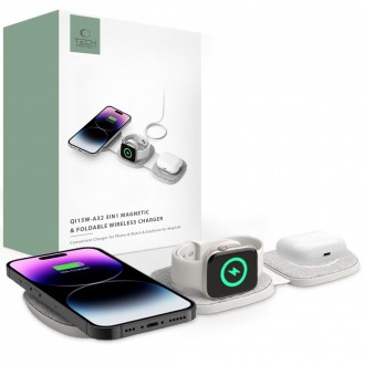 Pilka belaidė įkrovimo stotelė "Tech-Protect QI15W-A32 3IN1 Magnetic Magsafe Wireless Charger" 