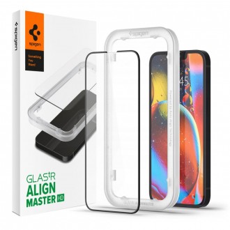 Apsauginis stiklas juodais krašteliais "SPIGEN ALM GLASS FC” su montavymo rėmeliu telefonui iPhone 13 / 13 PRO / 14 / 16E 